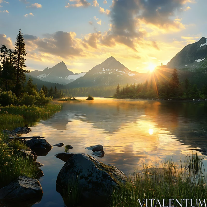 Tranquil Sunset Over a Mountain Lake AI Image