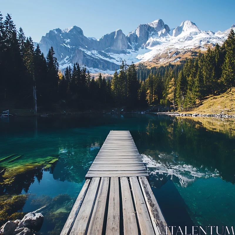 Serene Alpine Landscape with Clear Waters and Snowy Peaks AI Image