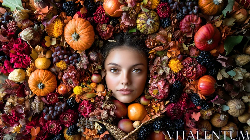 Harvest-Themed Portrait of a Woman Amidst Autumn Elements AI Image