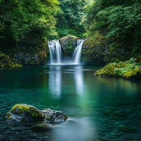 Tranquil Waterfall and Emerald Pool in Forest