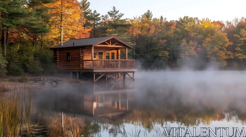 Serene Cabin in Misty Autumn Landscape AI Image