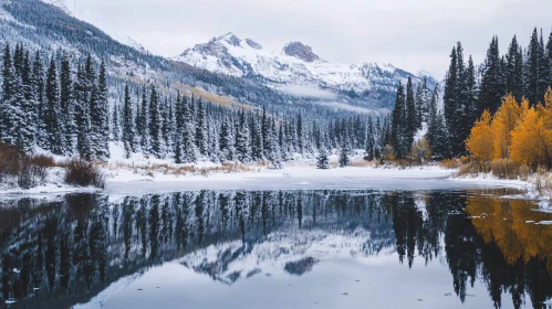 Peaceful Winter Scenery with Snowy Mountains and Reflective Lake