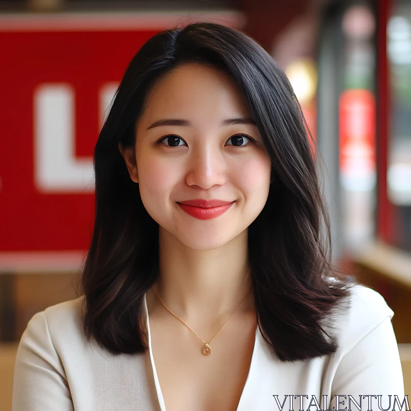 Smiling Woman with Dark Hair in a White Top AI Image