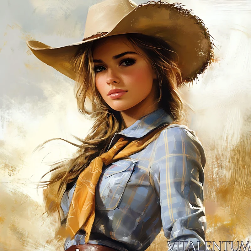 Cowgirl Portrait with Western Hat and Yellow Scarf AI Image