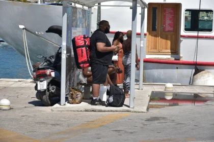 Urban Harbor Scene with Travelers