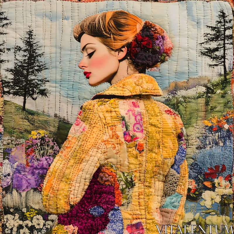 Quilted Art of Woman with Floral Styling AI Image