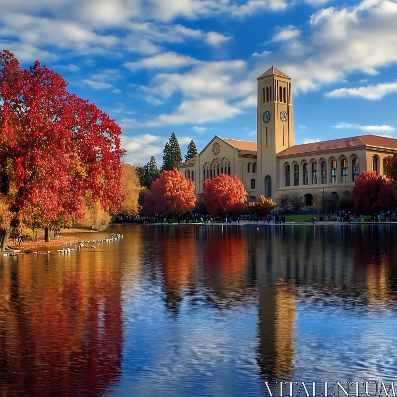 AI ART Autumn by the Lake with Clock Tower