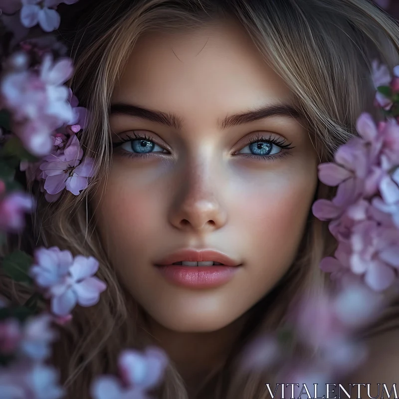 Ethereal Female Beauty Amidst Floral Elegance AI Image