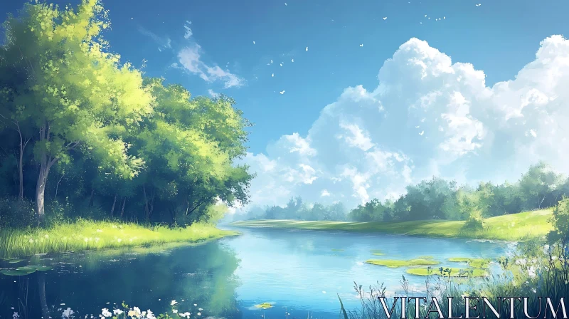 Calm Waters and Verdant Shoreline AI Image