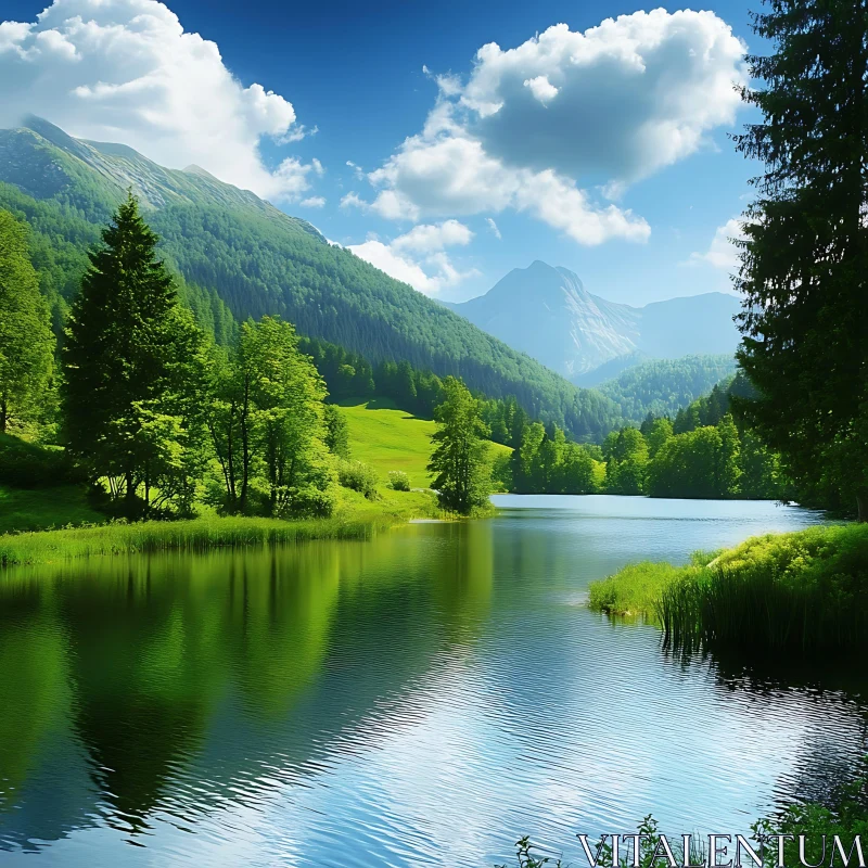 Serene Mountain Lake with Reflective Waters AI Image