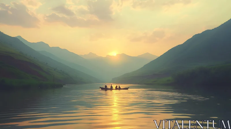 Peaceful Mountain Lake at Sunset with Boat AI Image