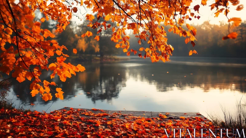 Autumn Leaves by Tranquil Lake AI Image