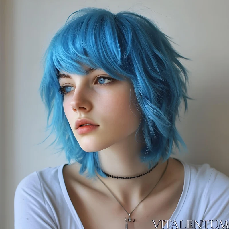 Young Woman with Blue Hair and Blue Eyes AI Image