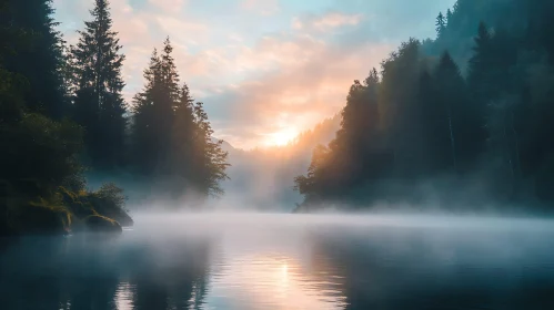 Tranquil Sunrise Overmisty Lake