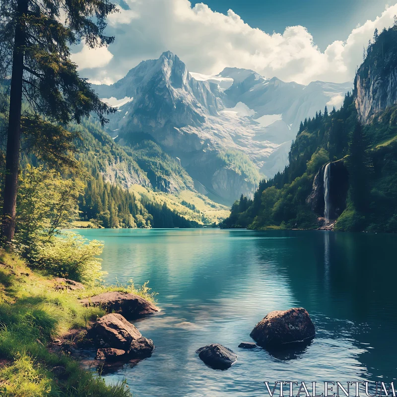 Tranquil Alpine Scene with Forest and Waterfall AI Image