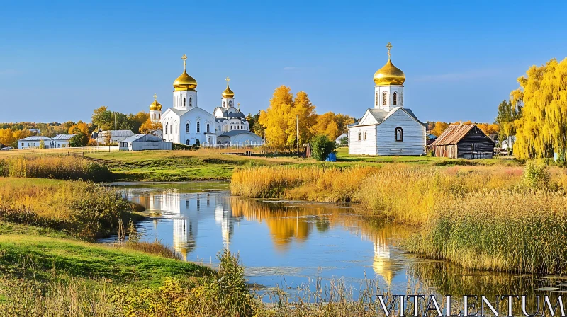 Serene Church Reflection in Autumn AI Image