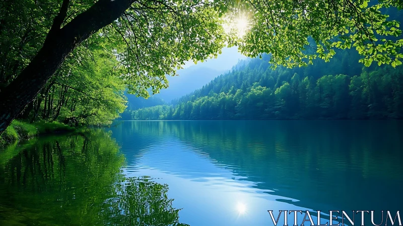 Peaceful Forest Lake Reflecting Sunlight AI Image