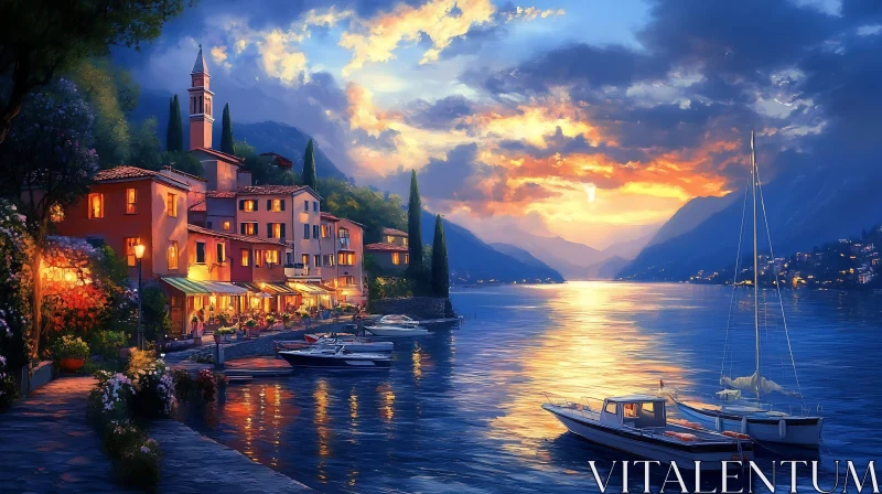 Sunset Over a Serene Seaside Village AI Image