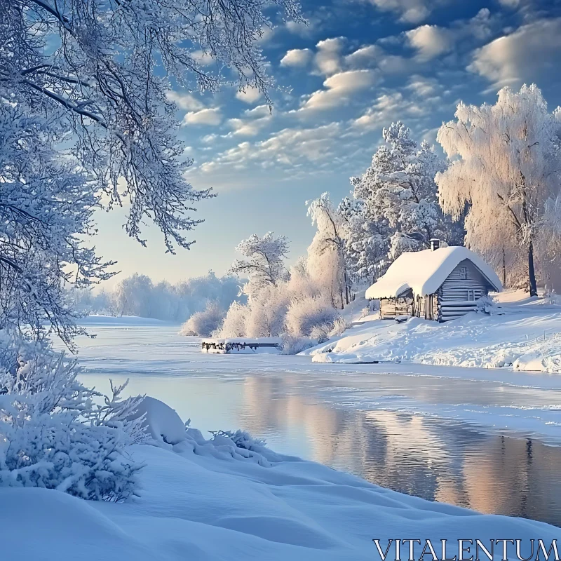 AI ART Winter Landscape with Frosted Trees and Cabin