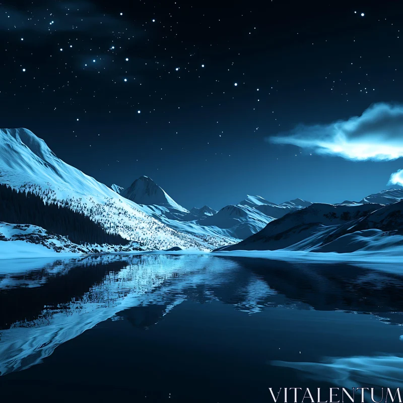 Serene Night at Snow-Capped Mountains AI Image