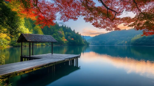 Serene Lake Dock Amidst Autumn Foliage