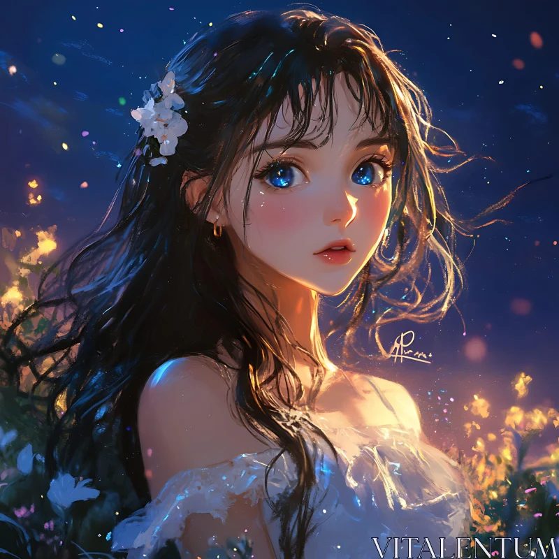 Magical Flower Field with Anime Girl AI Image