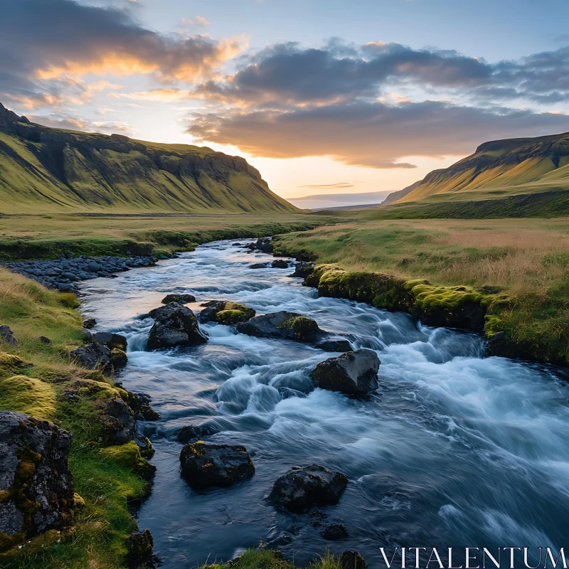 Sunset Over a Serene River in a Mountain Valley AI Image