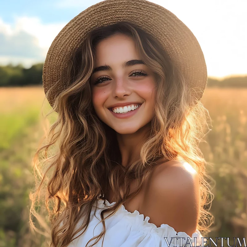 Bright Smiling Woman in Golden Hour AI Image