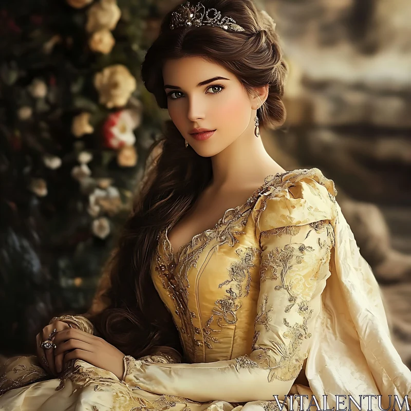 Graceful Portrait of a Princess in an Embroidered Gown AI Image