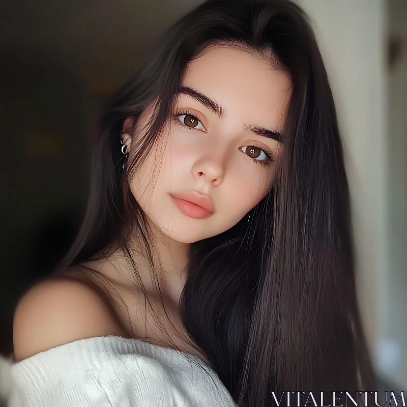 Serene Portrait of a Young Woman with Long Hair AI Image