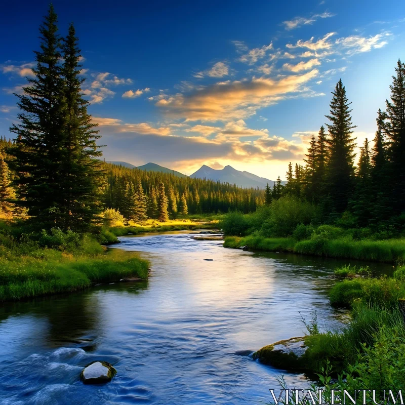 River in Forest with Mountain View at Sunset AI Image