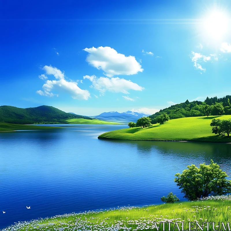 Tranquil Lake with Sunlit Hills and Mountains AI Image