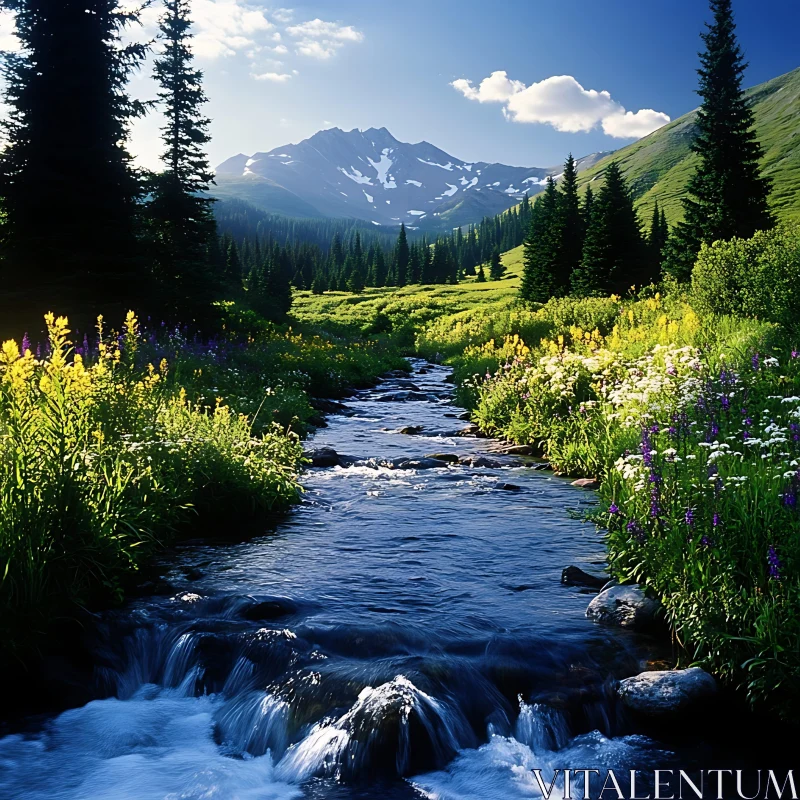 AI ART Serene Alpine Stream Amidst Blossoming Wildflowers