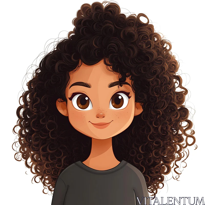 Cartoon Child with Curly Hair and Expressive Eyes AI Image