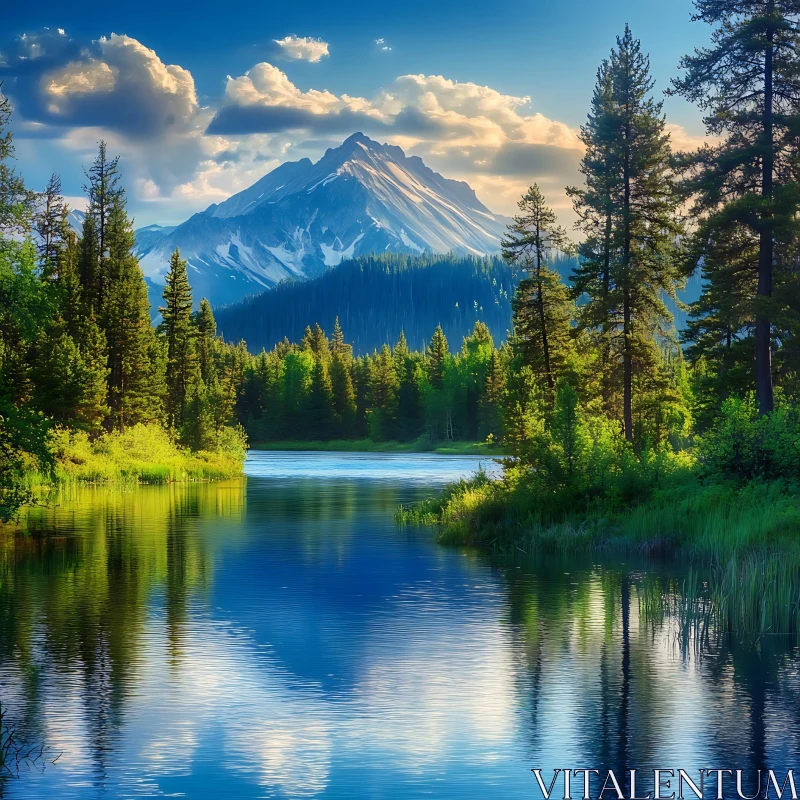 Snow-Capped Peak and Scenic Lake Vista AI Image