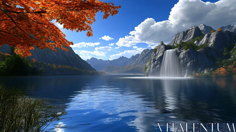 AI ART Tranquil Lake Scene with Majestic Waterfall