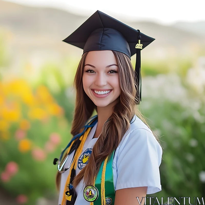 Smiling Graduate with Floral Background AI Image