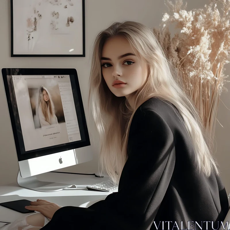 Blonde Woman at Work Desk AI Image