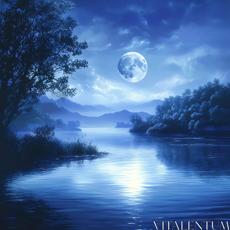 Peaceful Nighttime Lake with Full Moon Reflections AI Image