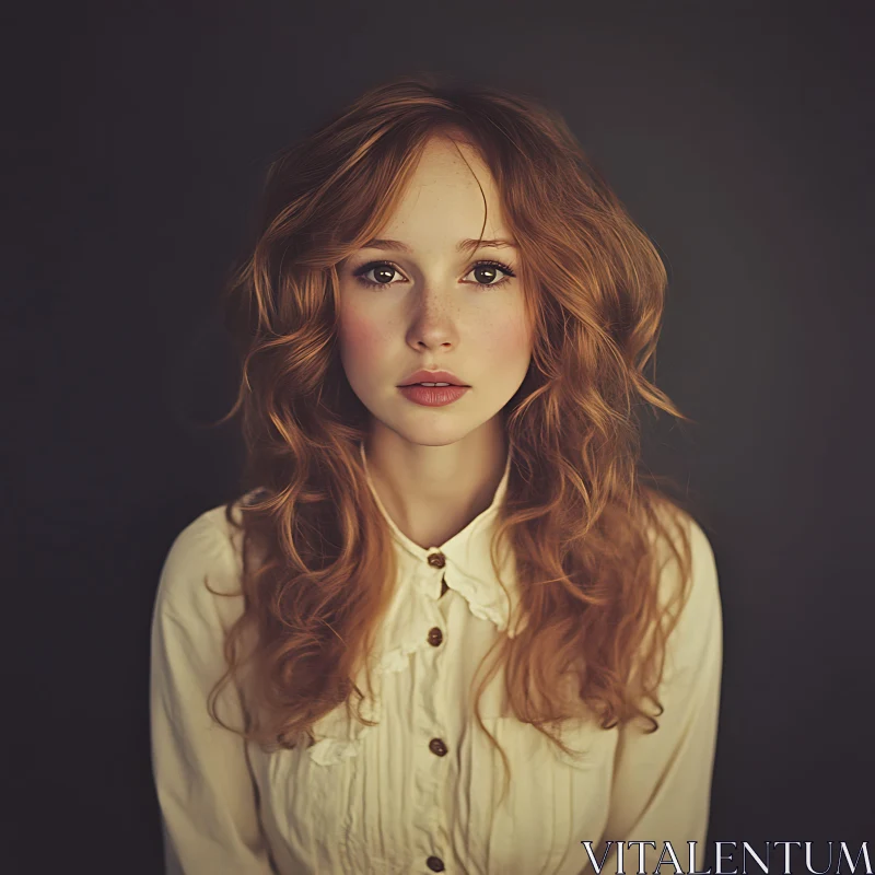 Serene Portrait of a Freckled Red-Haired Young Woman AI Image