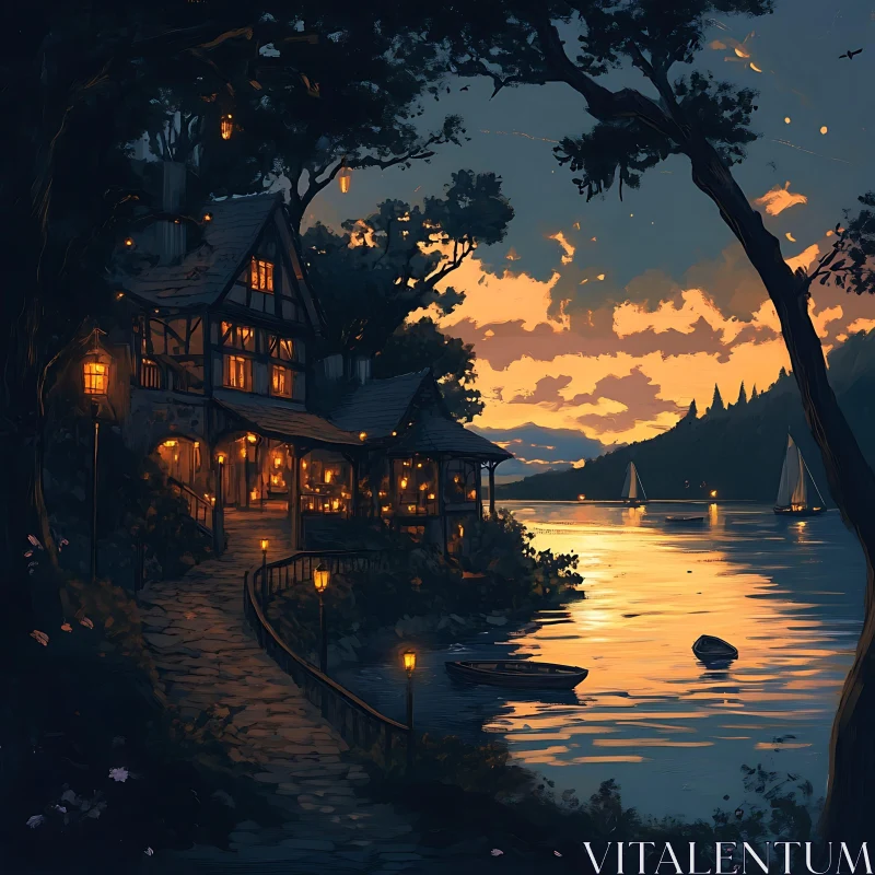 Idyllic Lakeside Sunset Scene AI Image