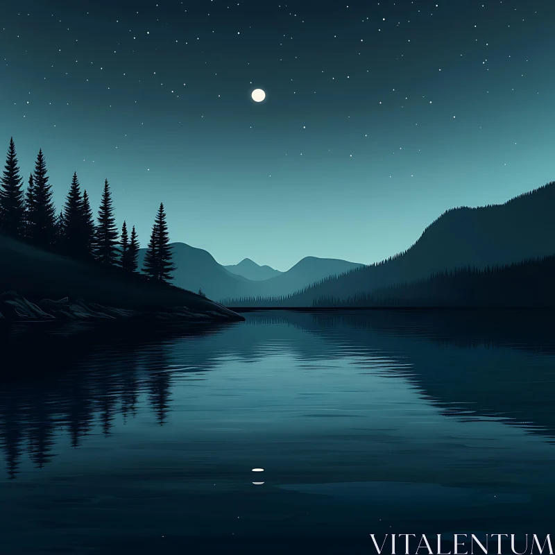 Tranquil Lake Night Scene with Moon and Pine Trees AI Image