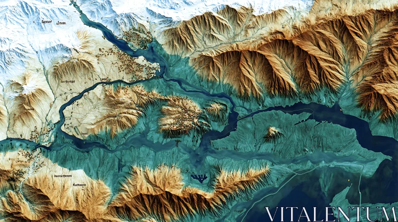 Mountainous Terrain Map with Valleys and Rivers AI Image