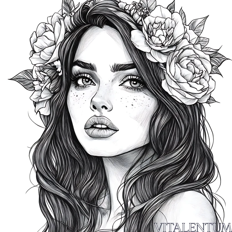 Intricate Floral Adorned Woman's Portrait AI Image