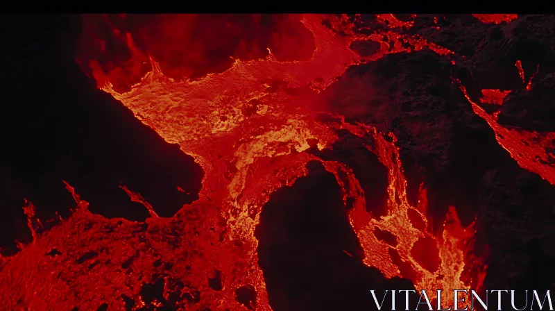 AI ART Fiery Lava Stream Across Dark Rocks