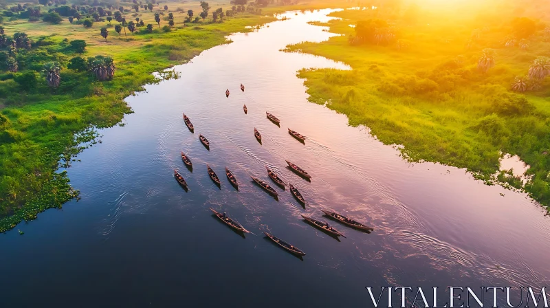 Evening River Landscape with Boats and Sunset AI Image