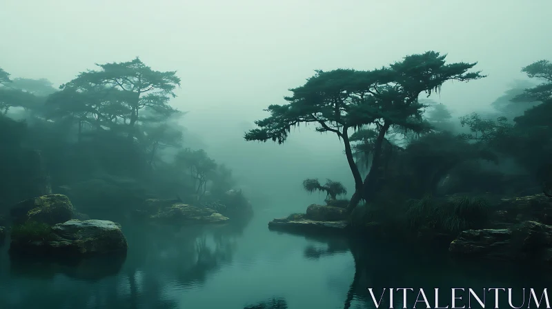 Serene Foggy Forest and Quiet Lake AI Image