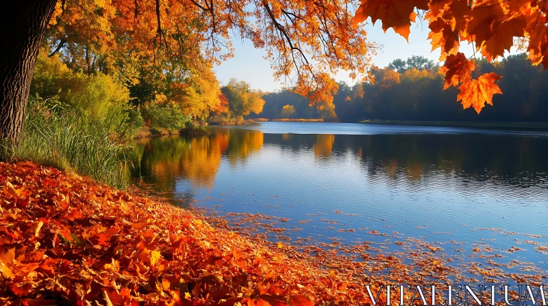 Serene Autumn Lake with Vibrant Leaves AI Image