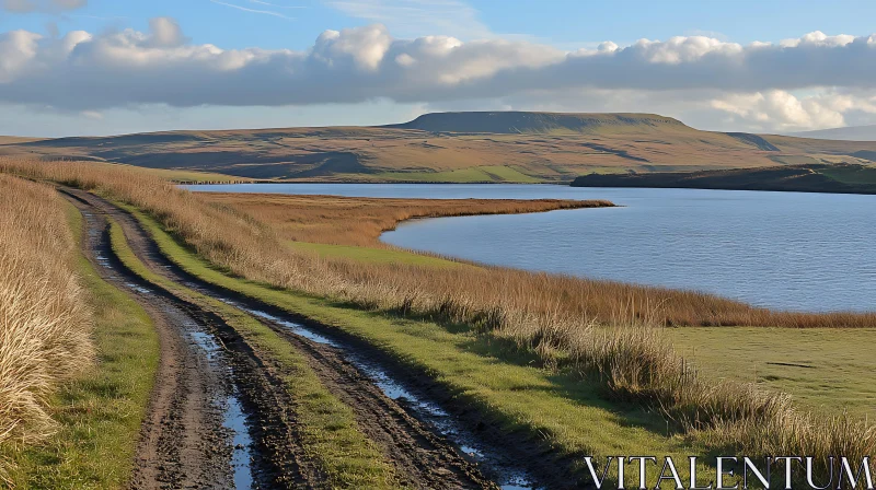 Idyllic Countryside View with Lake and Path AI Image