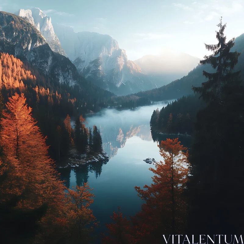 Tranquil Autumn Lake with Mountain Reflections AI Image